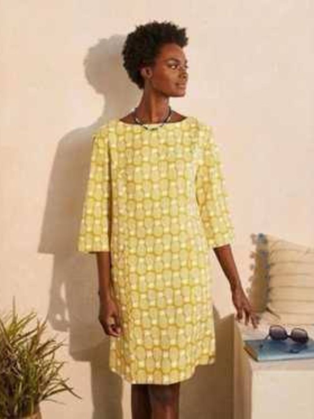 Boden Laurie 100% Linen 3/4 Sleeve Shift Dress in Pineapple Print Yellow Size 4P